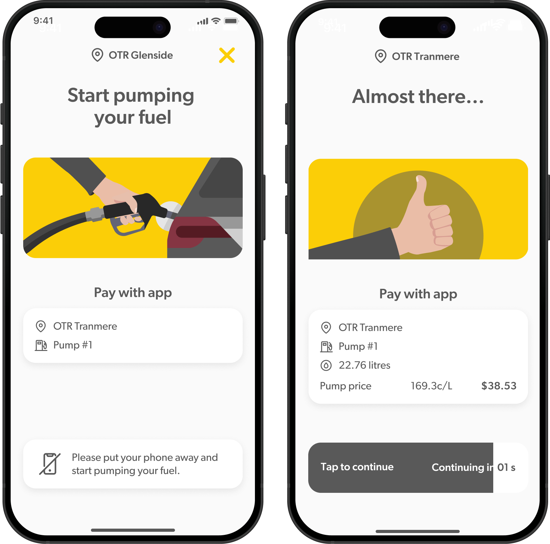 Pick up the bowser and start pumping fuel as normal. This screen shows the site and pump number you are currently at so you know everything's correct.